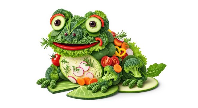 Creative frog made of fresh vegetables, healthy food concept.