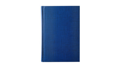 Isolated closed blue book or journal with textured fabric cover, standing upright © Niamh