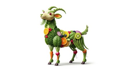 Fototapeta premium Creative goat sculpture made of fresh fruits and vegetables