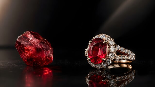 Large Red Gemstone and Diamond Set Ring on Reflective Dark Surface
