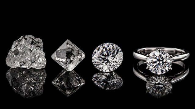Rough Diamond Cut Into Polished Diamond Then Set in Ring on Reflective Surface