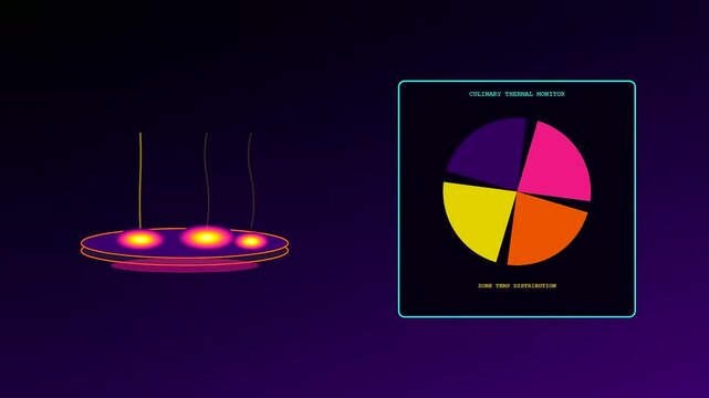 Dynamic thermal imaging data panels visualize heat distribution on flat surfaces as changing pie charts in this digital science simulation for modern industrial monitoring systems