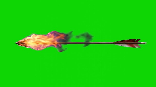 Dynamic 3D VFX model of a wooden arrow with a burning fiery tip flying rapidly in slow motion, isolated on a bright green screen chroma key background. Perfect for medieval warfare scenes, fantasy bat