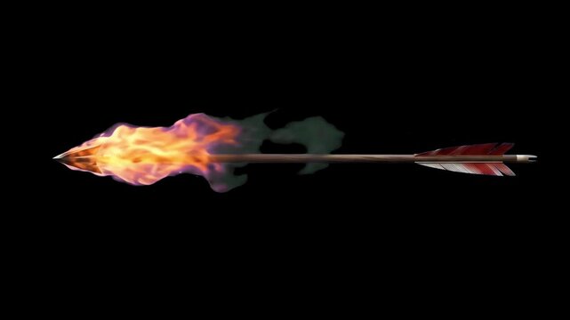 A horizontal burning arrow with bright orange flames and trailing smoke flying through the air against a dark black background. Excellent for visual effects compositing, medieval battles, action scene