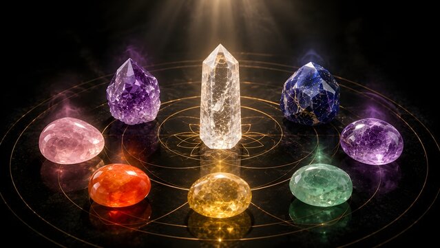 Seven Colored Crystals Arranged Around a Central Point in a Dark Setting with Light Rays