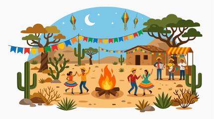 Naklejka premium Festa Junina Celebration in a Desert Village with People Dancing Around a Bonfire and Musicians Playing