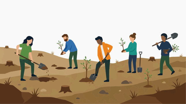 Diverse group of people planting trees in a deforested area to promote reforestation and environmental conservation efforts