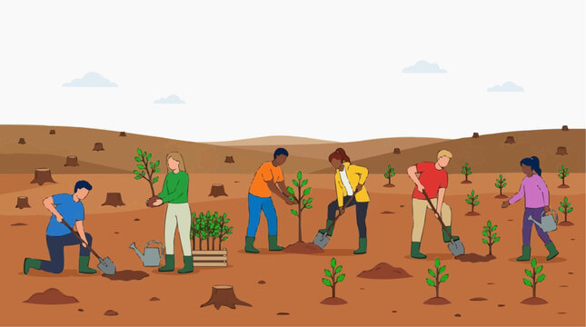 Diverse group of people planting trees in a deforested area to promote reforestation and environmental conservation efforts