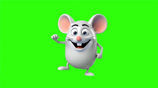 A cute and happy 3D animated white mouse character dancing joyfully with big ears and a big smile, isolated on a solid chroma key green screen background. Perfect for children's stories, animated film