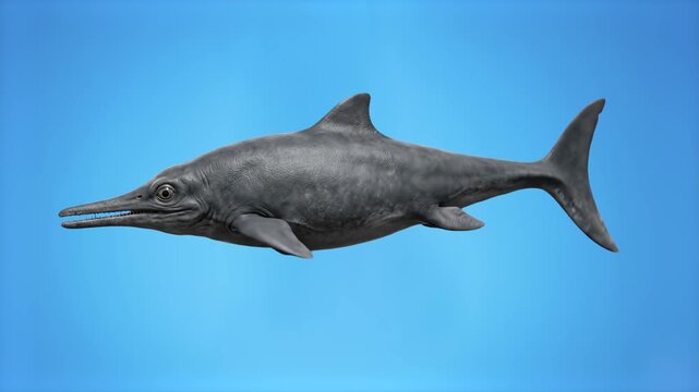 A detailed 3D model of an Ichthyosaurus, an extinct prehistoric marine reptile, swims smoothly in a side profile against a solid chroma key blue screen background. This animated underwater asset is pe