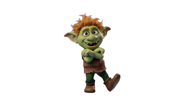 A playful 3D cartoon green goblin mascot character with orange hair, energetically dancing with a joyful expression, arms flailing, and feet off the ground, isolated on a clean white background. Great