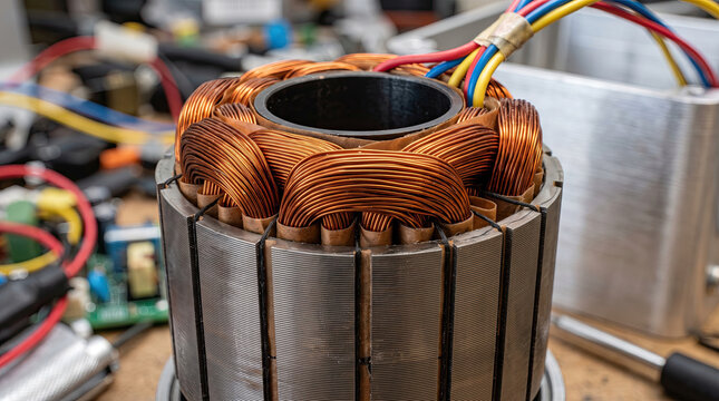 Close up of electric motor stator with copper windings with electrical