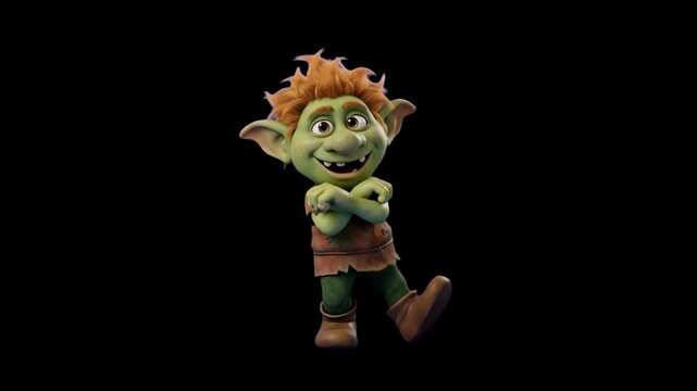 Charming 3D cartoon green goblin character with red hair, posing against a solid dark black background. Great for high-contrast animated videos, fantasy character showcases, mobile game marketing, cin