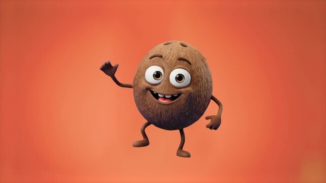 Adorable 3D cartoon coconut character waving friendly against a warm bright orange background. Perfect for tropical product packaging promos, summer vacation video overlays, fruit juice commercials, c
