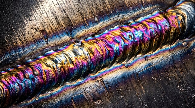 Close-up macro shot of a colorful metal weld seam, industrial texture and heat-affected zone macro close-up, industrial concept, copy spacee
