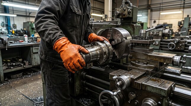 Machinist working with lathe machine in workshop, industrial manufacturing and metalworking macro close-up, industrial concept, copy spacee