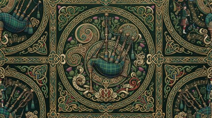 Naklejka premium Scotland pattern intricate celtic knotwork and bagpipe design with scotland scottish bagpipes ornament interlace