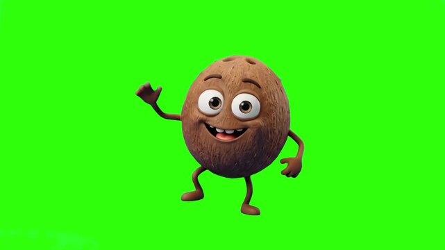 3D animated cute coconut character smiling and waving hello, isolated on a bright green screen chroma key background. Great for tropical, summer, fruit, food, child-friendly, or humorous commercial pr