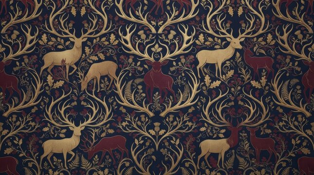 Scotland pattern vintage stag deer and floral motif textile design with scotland scottish ornament folklore highland