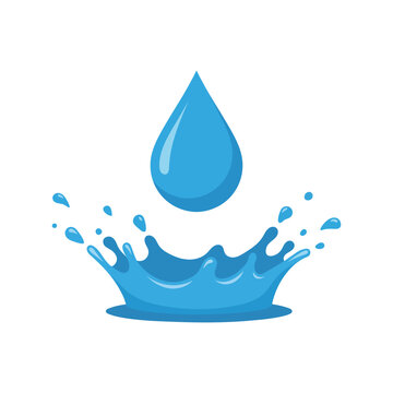 Water drop and splash vector illustration blue liquid droplet falling into water ripple clean fresh water concept