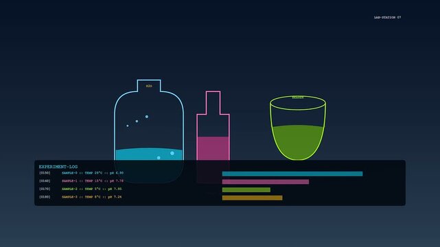 Data flow analysis involving tactile teaching with virtual chemistry lab interfaces showing changing liquid levels and pH readings captured in a series of digital frames