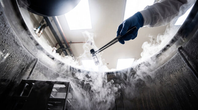 worm's eye view looking up from the inside edge of a steaming cryogenic freezer tank, frozen cryovial, cryogenic container, sterile laboratory
