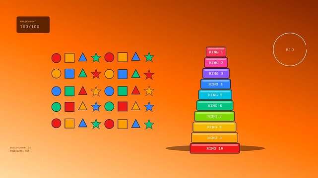 A tactile teaching interactive sequence demonstrates sequential shape sorting by stacking geometric blocks onto a base while numeric progress bars track the completion of levels