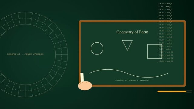 Tactile teaching sequence shows a blackboard frame drawing geometric shapes and text entries in a digital classroom environment featuring a minimalist interface design style animation