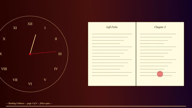 Graphic design featuring tactile teaching in a minimalist digital composition with moving clock hands and rotating pages representing time passage through three distinct instructional sequence panels