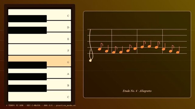 Learning music notes via tactile teaching methods in a software interface showing piano key highlights with musical staff lines on a digital gradient screen display
