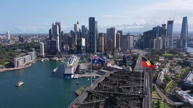 Aerial View of Sydney Harbour Bridge and City Skyline with Flags Flying