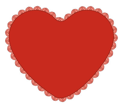 Scarlet pearl scallop lace heart border with ornate rose crochet trim encloses crimson center on white. as Victorian textile frame suited to valentine wedding invitations or romantic craft labels.