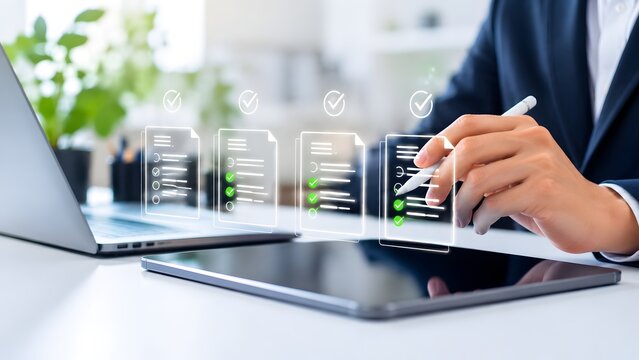 Businessman pointing stylus at glowing digital checklist icons on a desk. Concept of corporate audit compliance and project management approval.