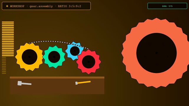 Tactile teaching sequence shows orange gears rotating on a dark field while a panel displays numerical progress for an educational workshop simulation in simple vector art