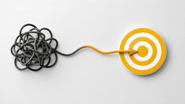 Tangled grey wire unraveling into an orange arrow pointing to a yellow target. Concept of corporate strategy simplification and problem solving.