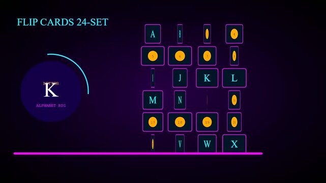 Tactile teaching interface displaying animated alphabet cards with spinning gold circles and purple outlines shown in a repetitive digital sequence for educational user interface design purposes