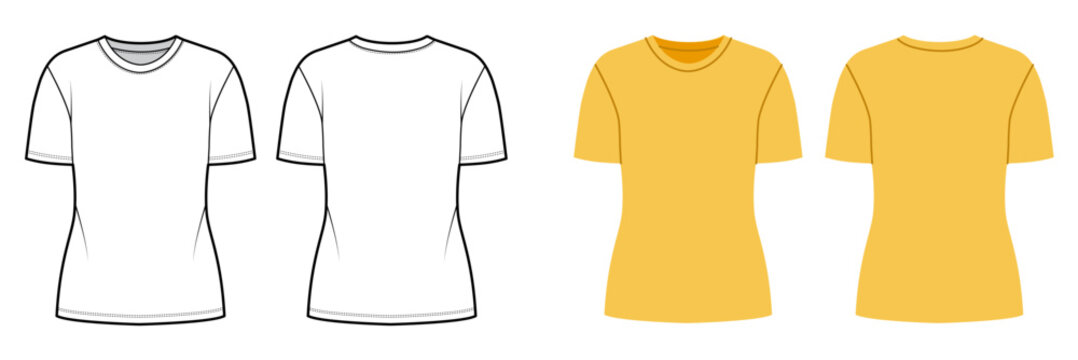 Crew neck short sleeve fitted t shirt with clean shaping lines slim silhouette. Technical fashion illustration in black and white color, front back views, smooth contour, modern apparel CAD template