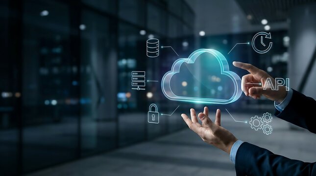 Business professional interacting with holographic cloud computing interface for enterprise data storage and digital infrastructure management.