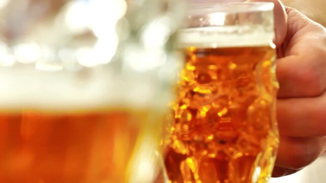 Drinking beer is a process.Two people are drinking beer. They are checking in with their beer mugs. 4k footage