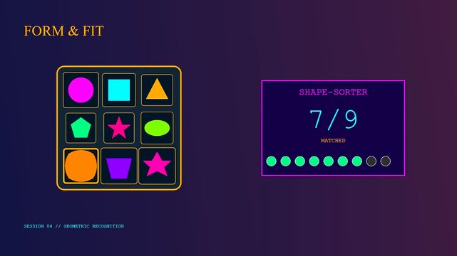 Tactile teaching interface displaying geometric shape matching levels with neon colored icons on a dark screen featuring progressive counting logic for educational user experience testing sessions