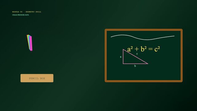 A sequence showing tactile teaching with a colorful chalk piece drawing a geometric triangle equation on a green board inside a digital learning study interface