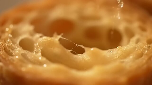 Macro shot of honeycomb air pockets inside a freshly baked golden croissant pastry