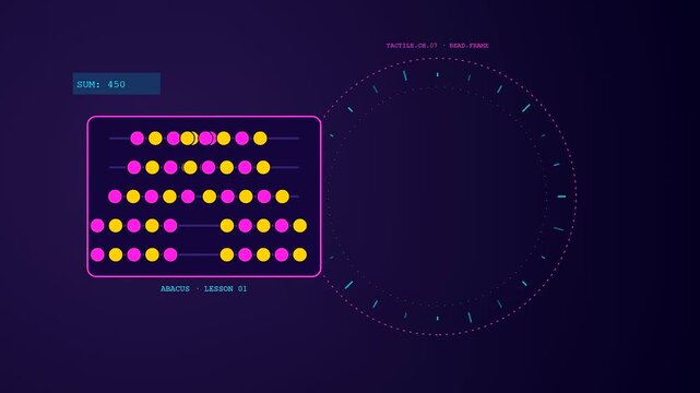 A sequence showing tactile teaching interfaces with glowing circular indicators and digital abacus frames displayed on a dark purple screen for interactive educational data learning software