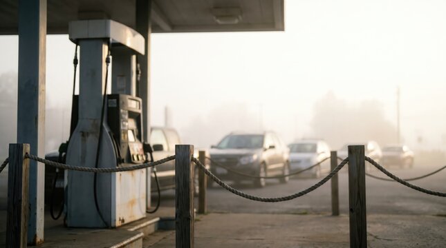 Abandoned gas station at dawn with chain fence, dusty ground