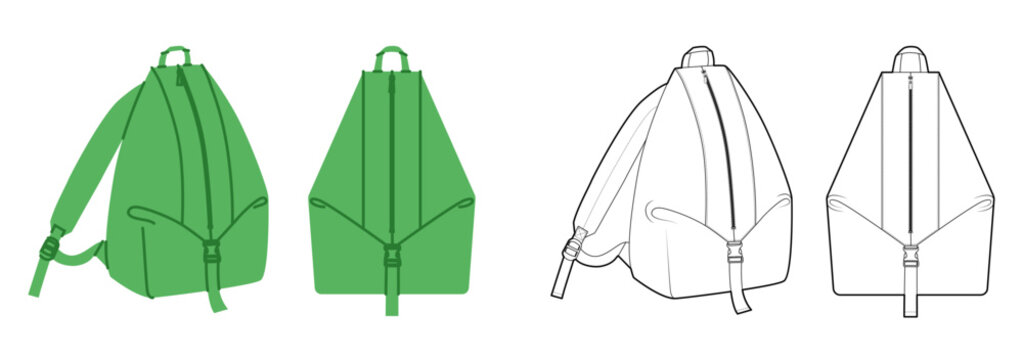 Compact Holdall backpack silhouette bag. Fashion accessory technical illustration. Vector schoolbag front 3-4 view for Men, women, unisex style, flat handbag CAD mockup sketch outline isolated