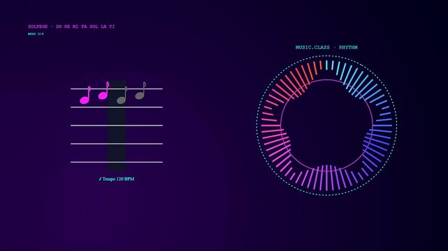 Tactile teaching interface displays musical notation notes and rhythmic frequency patterns in a circular visual flow that shifts through rhythmic cycles on a dark purple screen