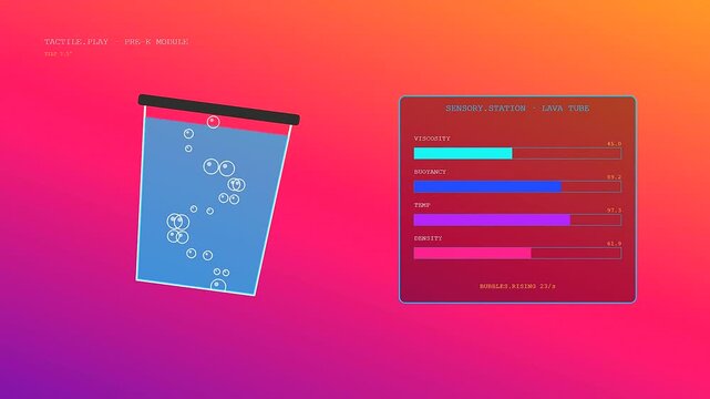 Interactive tactile teaching science animation showing rising bubbles inside a beaker with dynamic data bars and changing variables on a vibrant gradient background for educational classroom display