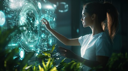 Naklejka premium Woman interacting with futuristic holographic interface. (1)