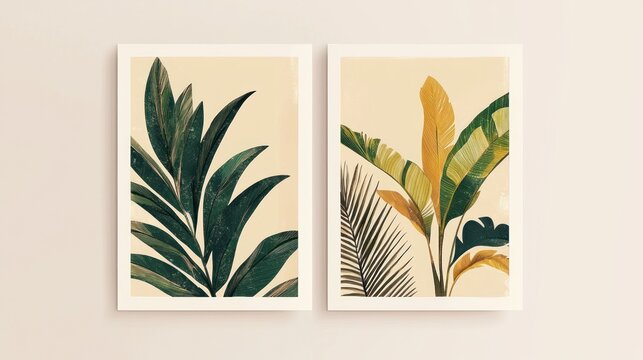 Two botanical prints featuring tropical leaves in muted tones on a beige background.