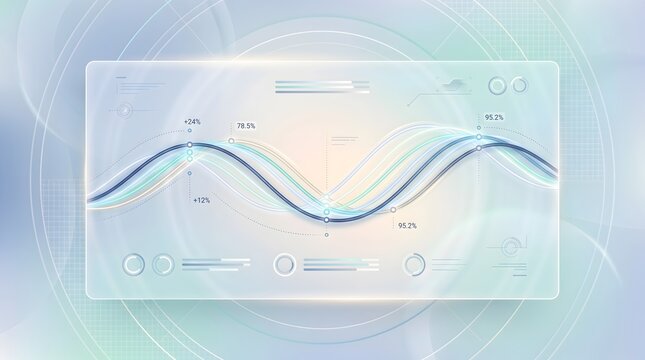 Minimalist data visualization dashboard on transparent glass interface tracking financial performance and growth trends